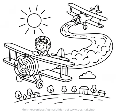 Pilot im Doppeldecker mit Rauchbild Ausmalbild