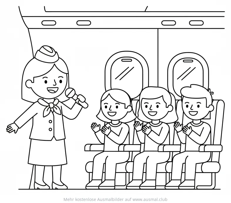 Flugbegleiterin begrüßt Passagiere im Flugzeug Ausmalbild