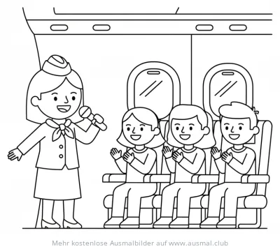 Flugbegleiterin begrüßt Passagiere im Flugzeug Ausmalbild
