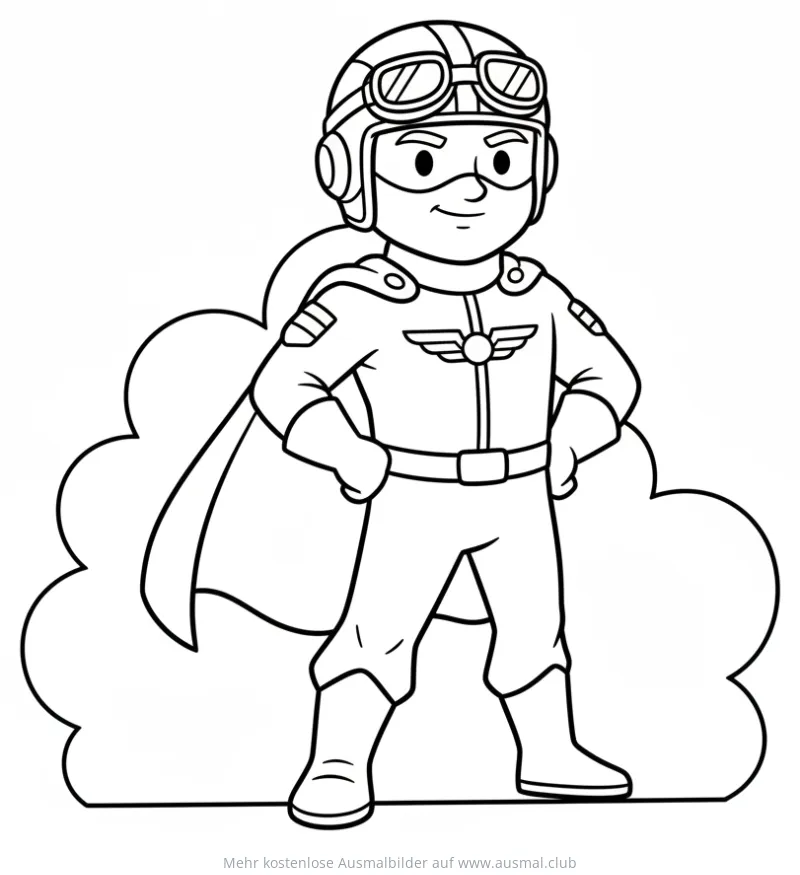 Pilot als Superheld Ausmalbild mit Helm und Umhang