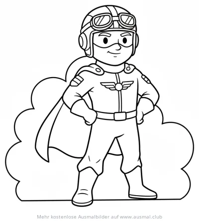 Pilot als Superheld Ausmalbild mit Helm und Umhang
