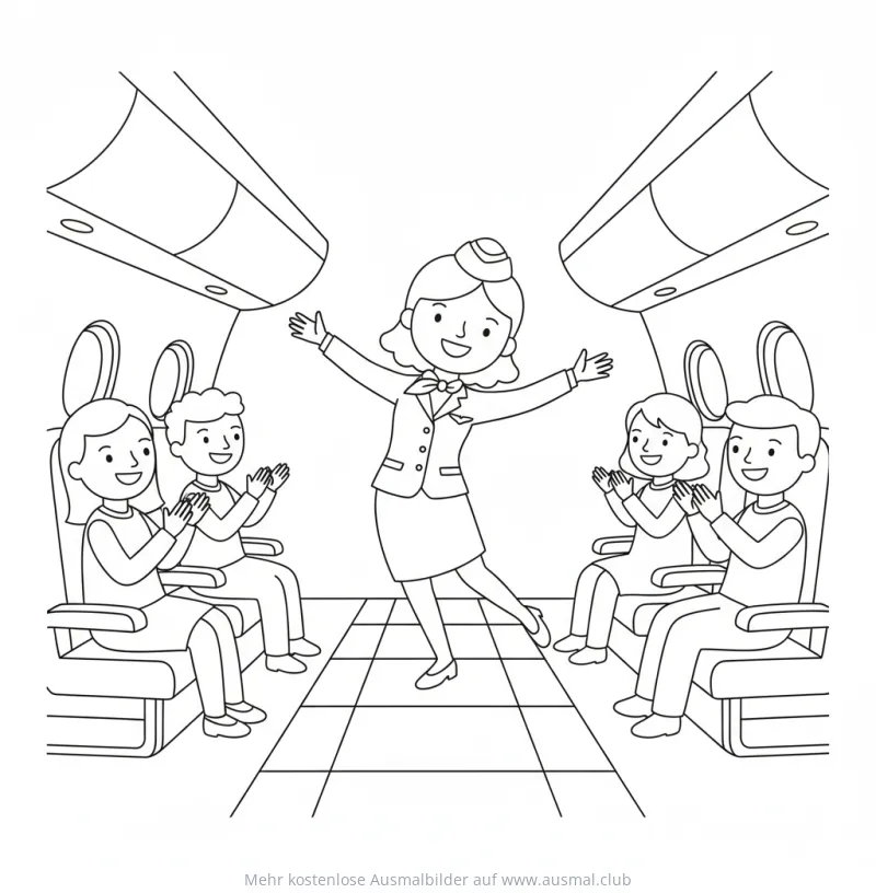 Tanzende Flugbegleiterin im Flugzeug mit applaudierenden Passagieren Ausmalbild