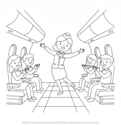 Tanzende Flugbegleiterin im Flugzeug mit applaudierenden Passagieren Ausmalbild