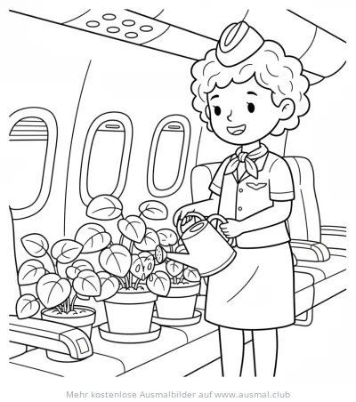 Flugbegleiterin gießt Pflanzen im Flugzeug Ausmalbild
