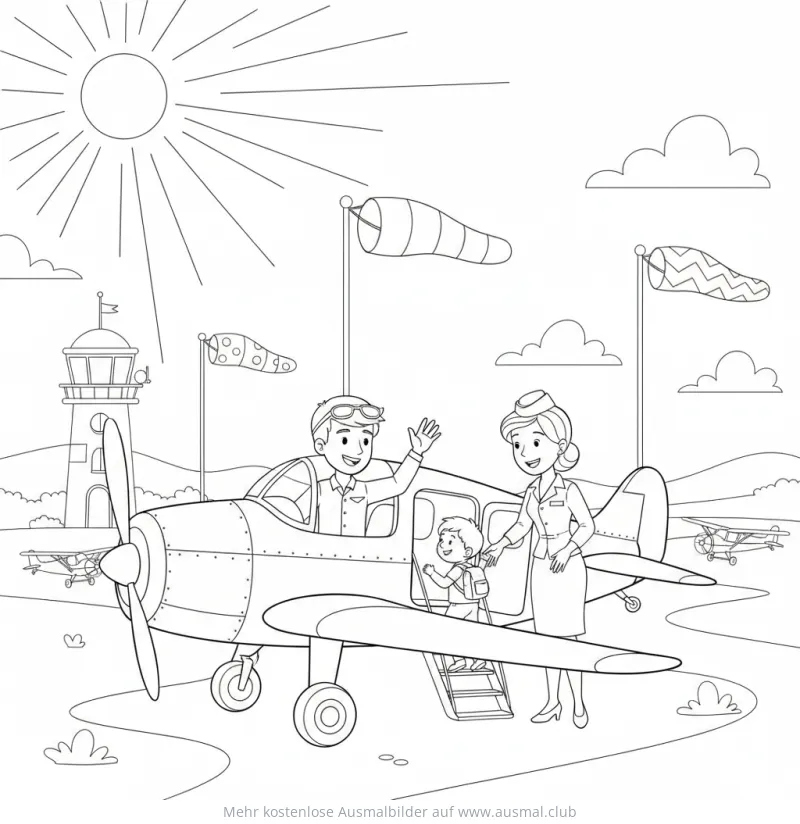 Pilot, Flugbegleiterin und Kind vor einem Flugzeug Ausmalbild