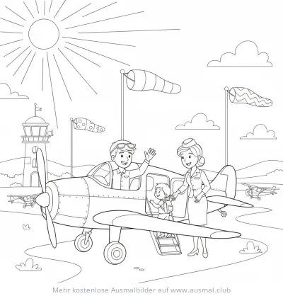 Pilot, Flugbegleiterin und Kind vor einem Flugzeug Ausmalbild