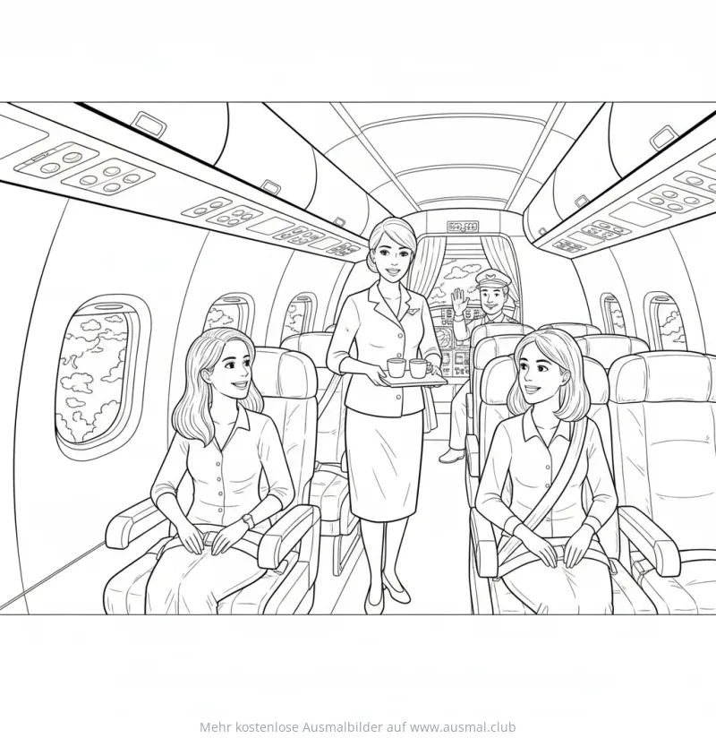 Pilot und Flugbegleiterin im Flugzeug Ausmalbild