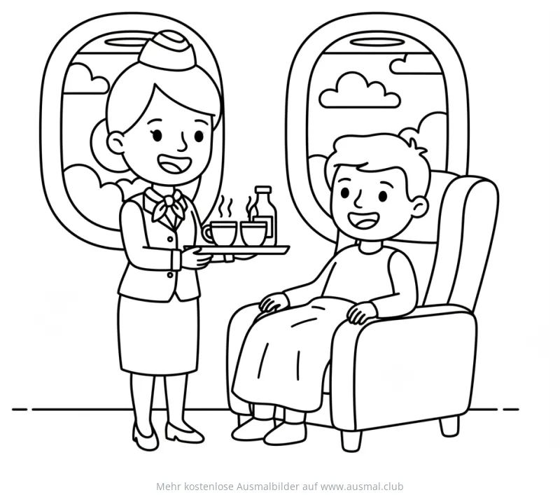 Flugbegleiterin serviert Passagier im Flugzeug Ausmalbild