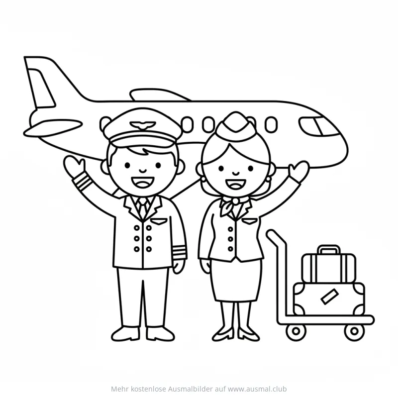 Pilot und Flugbegleiterin vor Flugzeug Ausmalbild