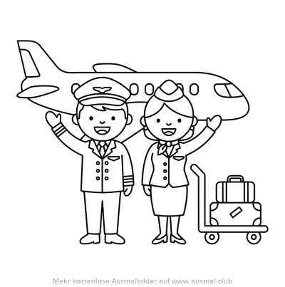 Pilot und Flugbegleiterin vor Flugzeug Ausmalbild