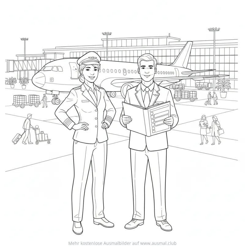 Pilot und Flugbegleiterin vor Flugzeug Ausmalbild