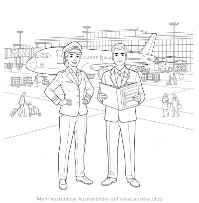 Pilot und Flugbegleiterin vor Flugzeug Ausmalbild