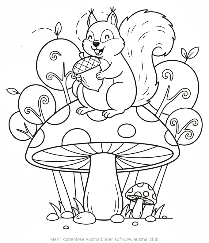 Eichhörnchen sitzt auf Fliegenpilz mit Eichel Ausmalbild