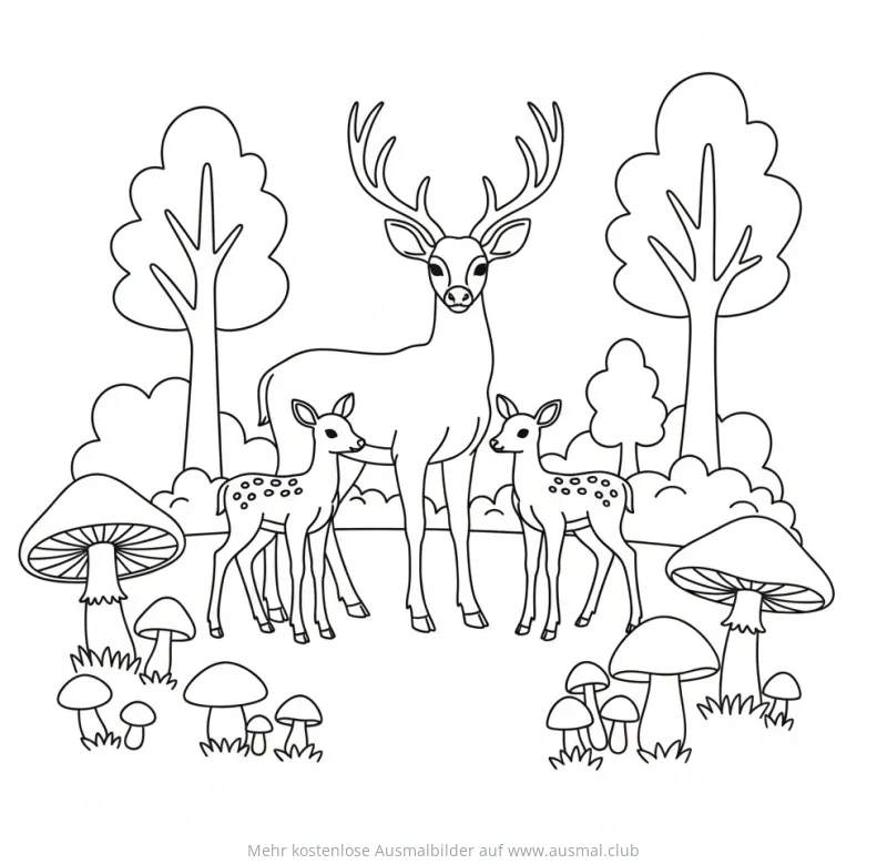 Rehe mit Kitzen und Pilze Ausmalbild