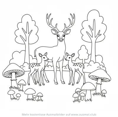 Rehe mit Kitzen und Pilze Ausmalbild