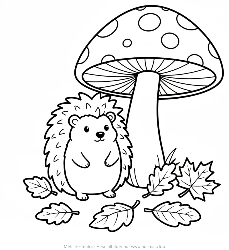 Freundlicher Igel vor einem Fliegenpilz Ausmalbild mit Blättern