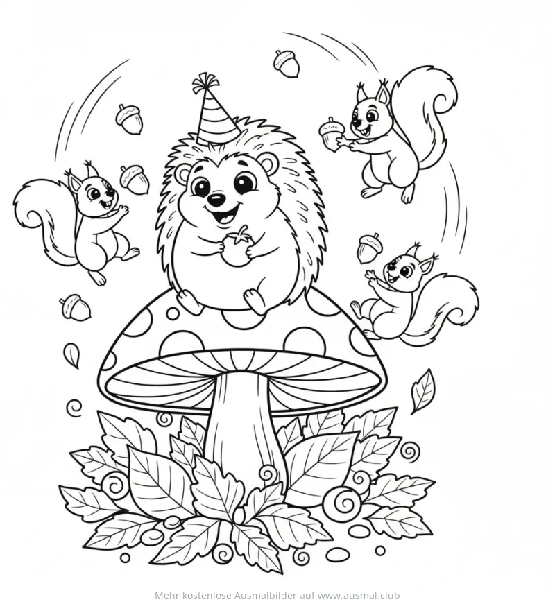 Igel mit Partyhut auf Pilz mit Eichhörnchen Ausmalbild