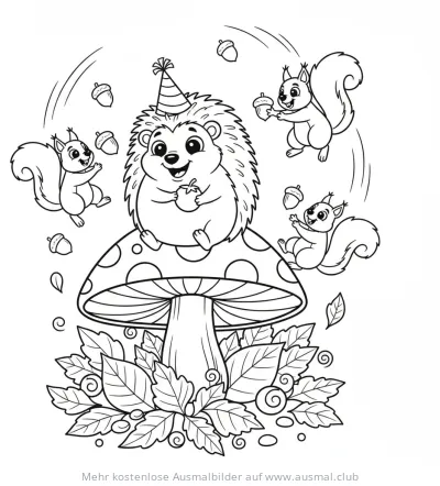 Igel mit Partyhut auf Pilz mit Eichhörnchen Ausmalbild