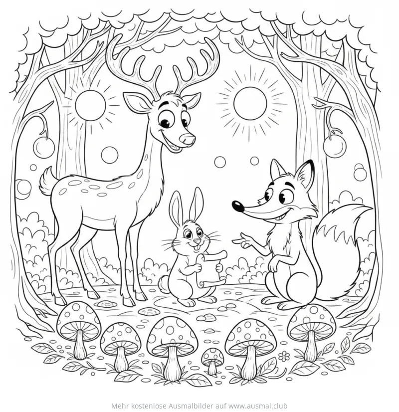 Hirsch, Hase und Fuchs im Wald Ausmalbild