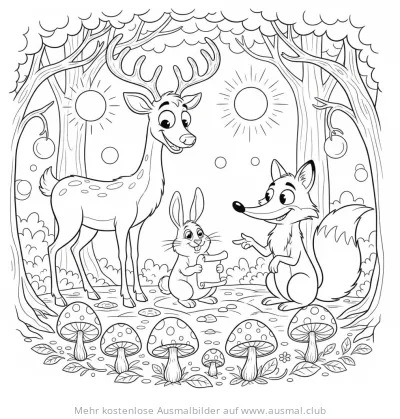 Hirsch, Hase und Fuchs im Wald Ausmalbild