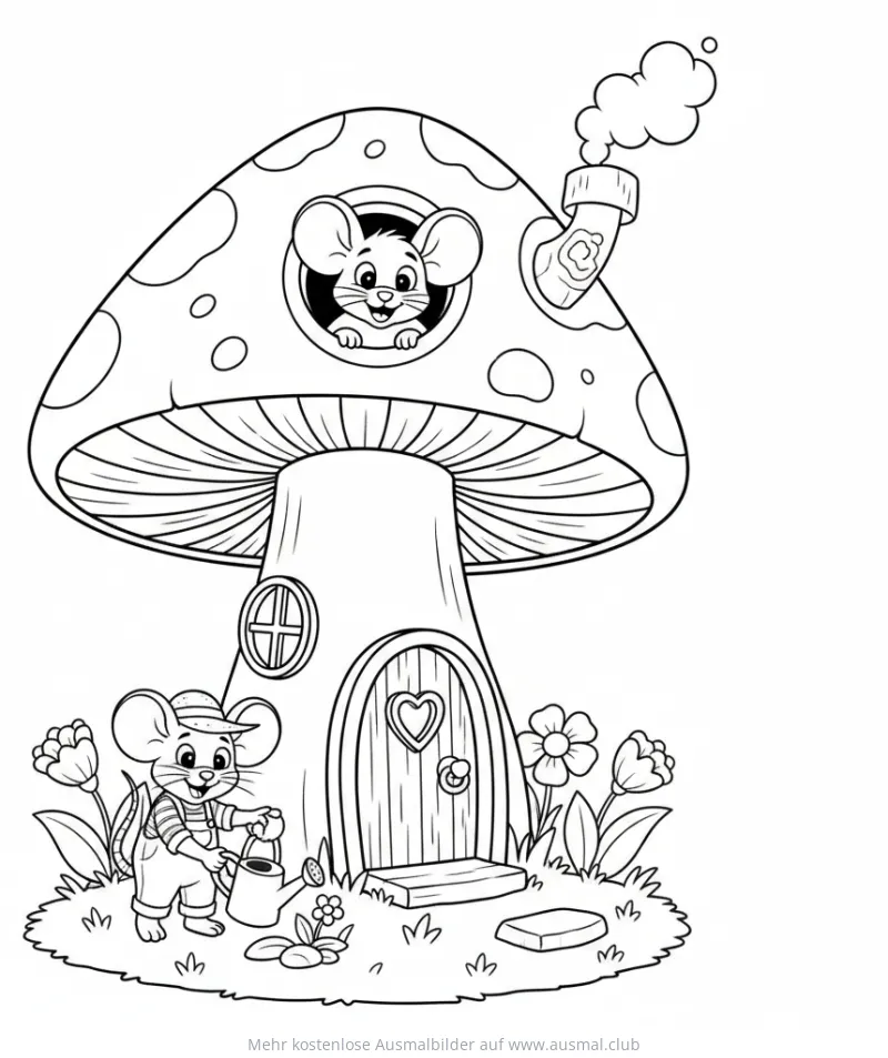 Pilzhaus Ausmalbild mit Maus und Gießkanne
