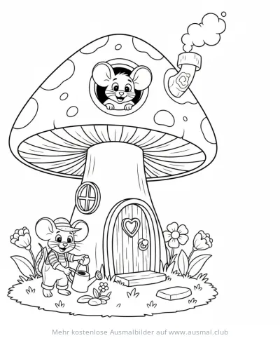 Pilzhaus Ausmalbild mit Maus und Gießkanne