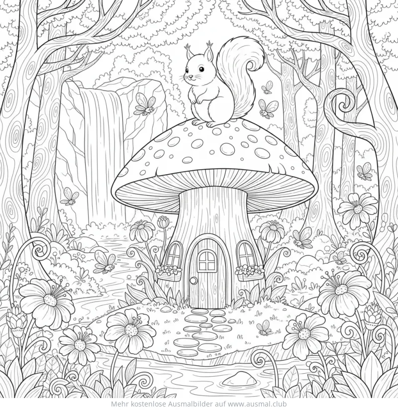 Eichhörnchen auf Fliegenpilz-Haus im Wald Ausmalbild