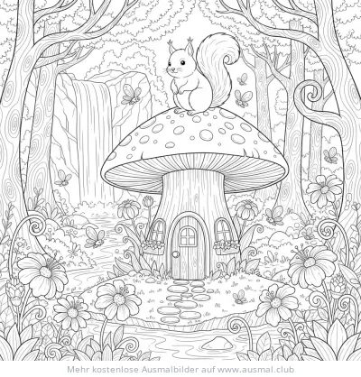 Eichhörnchen auf Fliegenpilz-Haus im Wald Ausmalbild