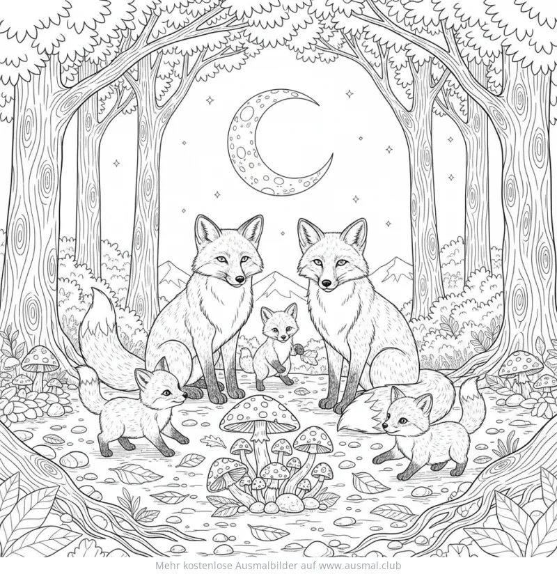 Füchse Familie im Wald Ausmalbild