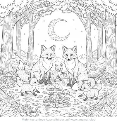 Füchse Familie im Wald Ausmalbild
