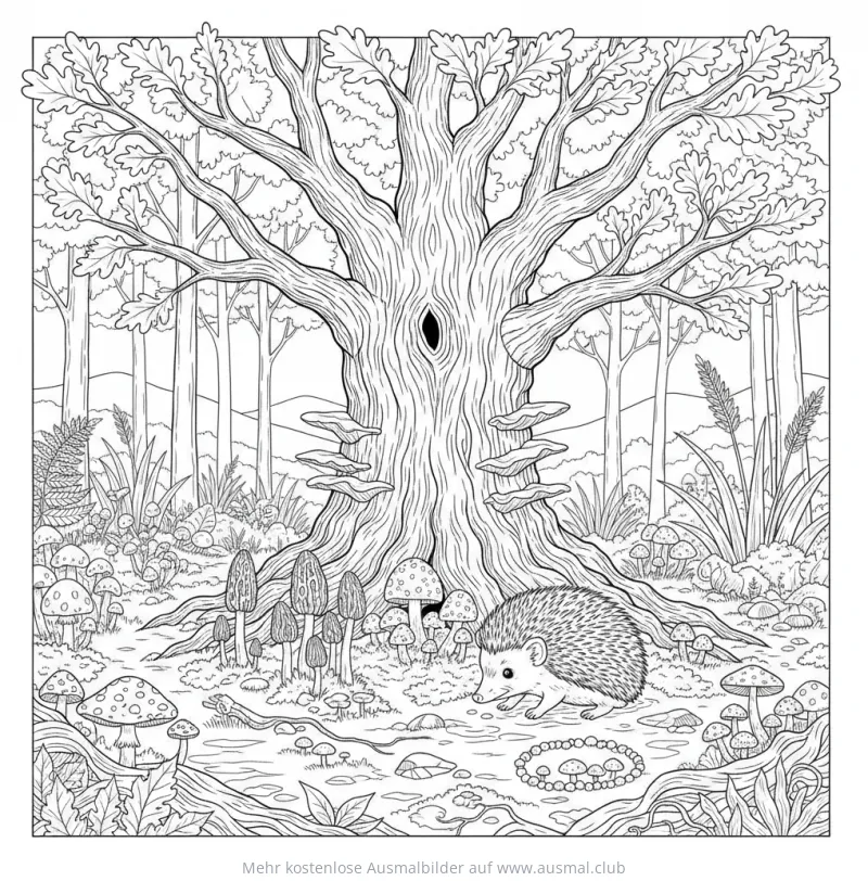 Igel vor Baum mit verschiedenen Pilzarten Ausmalbild