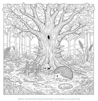Igel vor Baum mit verschiedenen Pilzarten Ausmalbild