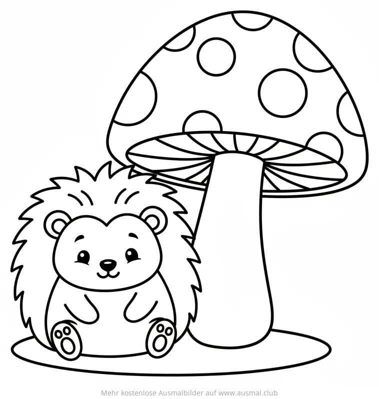 Igel sitzt neben einem Fliegenpilz Ausmalbild