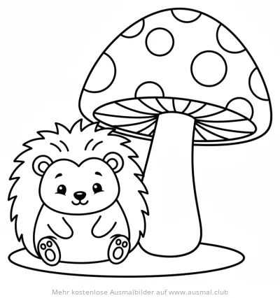 Igel sitzt neben einem Fliegenpilz Ausmalbild