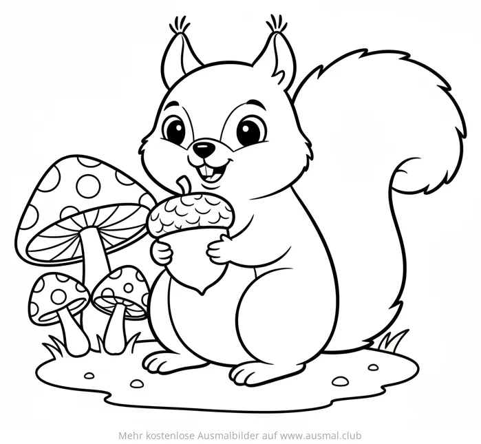 Eichhörnchen mit Eichel und Pilzen Ausmalbild