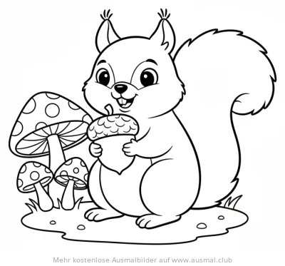 Eichhörnchen mit Eichel und Pilzen Ausmalbild