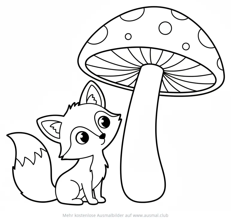 Fuchs sitzt neben einem gepunkteten Pilz Ausmalbild