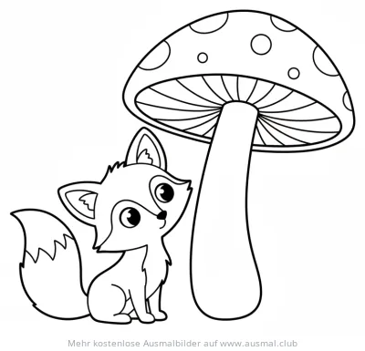 Fuchs sitzt neben einem gepunkteten Pilz Ausmalbild