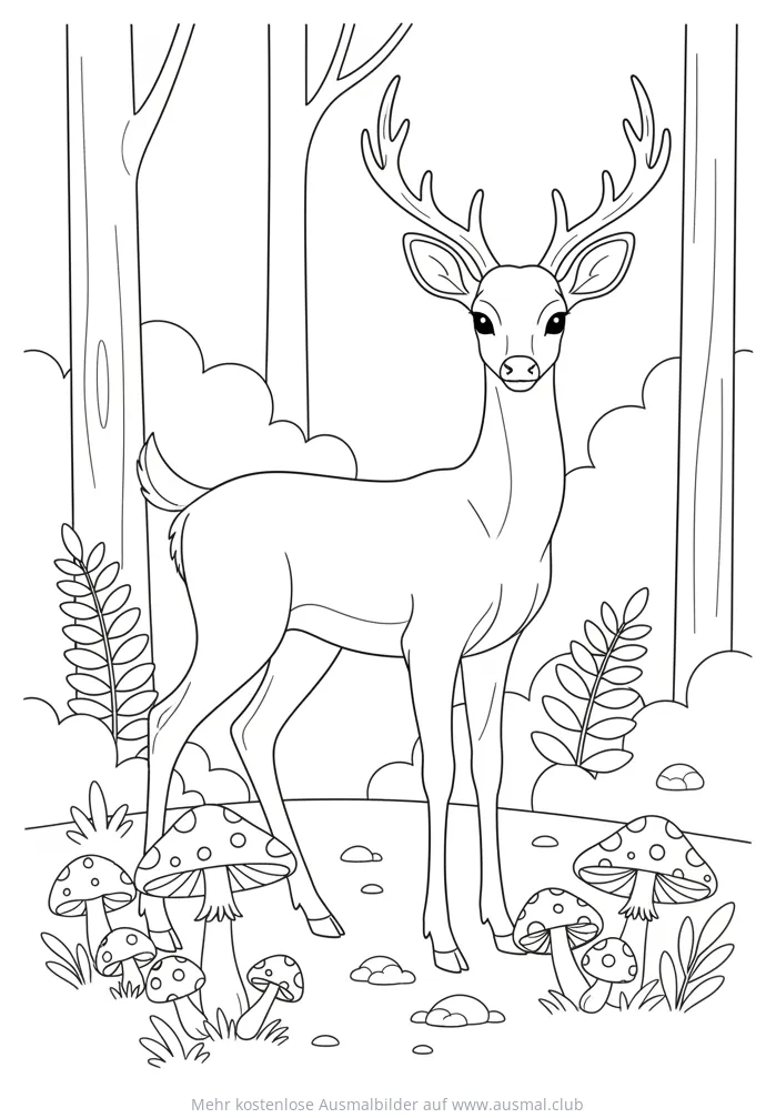 Hirsch im Wald mit Pilzen Ausmalbild
