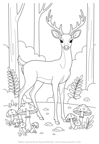 Hirsch im Wald mit Pilzen Ausmalbild