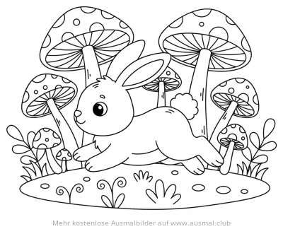 Hase im Pilzwald Ausmalbild mit großen Pilzen