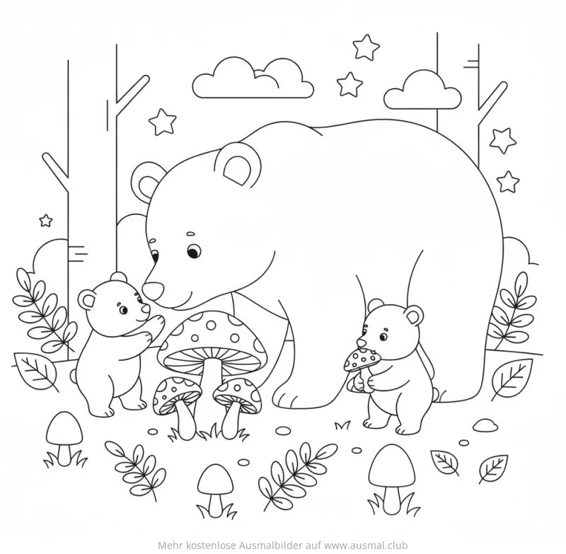 Bärenfamilie mit Pilzen Ausmalbild