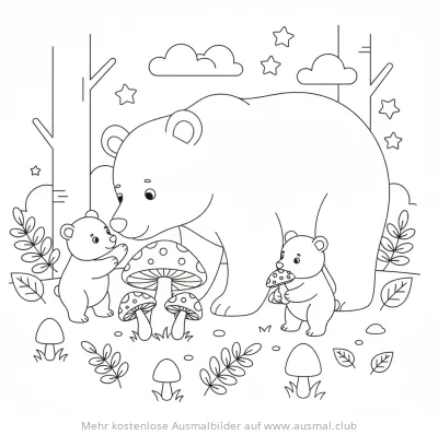 Bärenfamilie mit Pilzen Ausmalbild