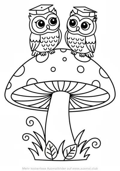Zwei Eulen mit Doktorhut sitzen auf einem Pilz Ausmalbild