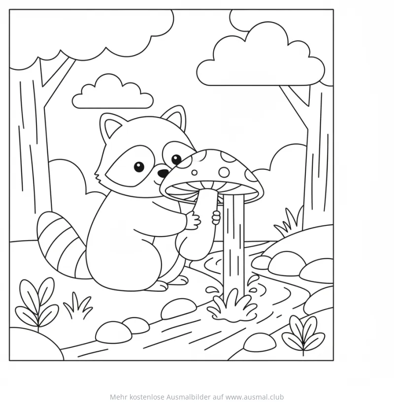 Waschbär hält Pilz mit Wasser Ausmalbild