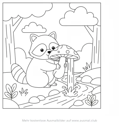 Waschbär hält Pilz mit Wasser Ausmalbild