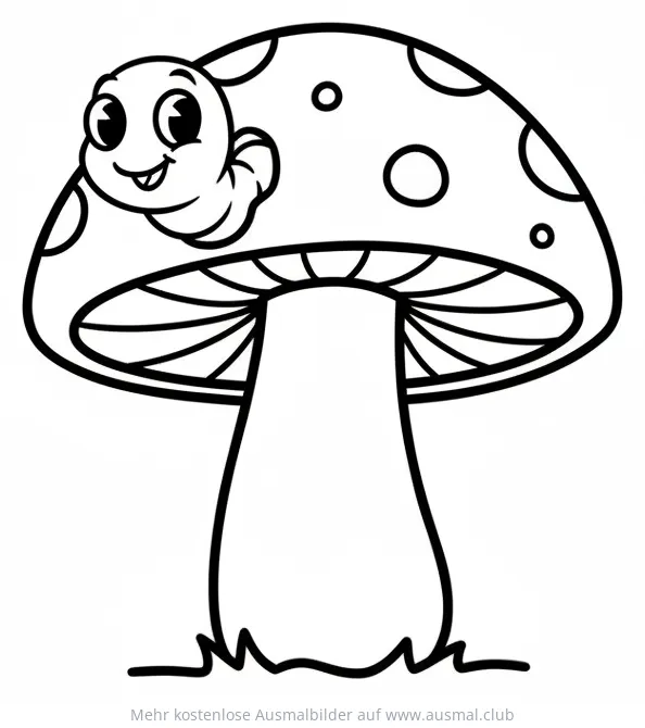 Wurm sitzt auf gepunktetem Fliegenpilz Ausmalbild