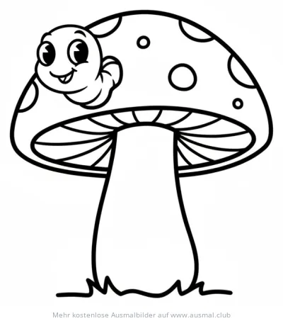 Wurm sitzt auf gepunktetem Fliegenpilz Ausmalbild