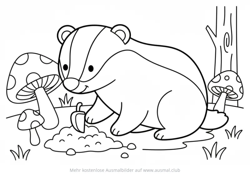 Dachs gräbt in der Erde, umgeben von Pilzen, Ausmalbild