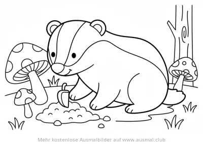 Dachs gräbt in der Erde, umgeben von Pilzen, Ausmalbild